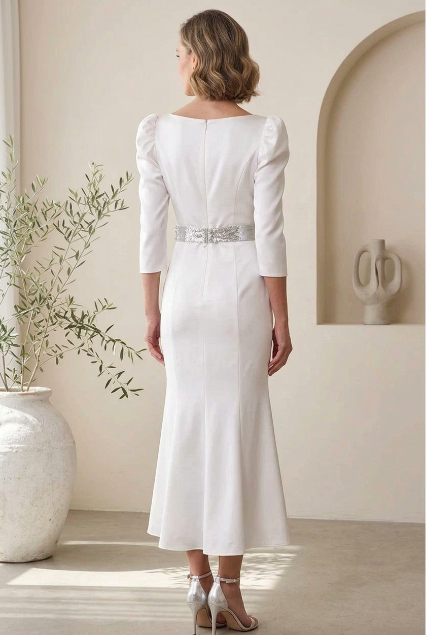 Puff-Sleeve Midi Dress with Embellished Bow Belt