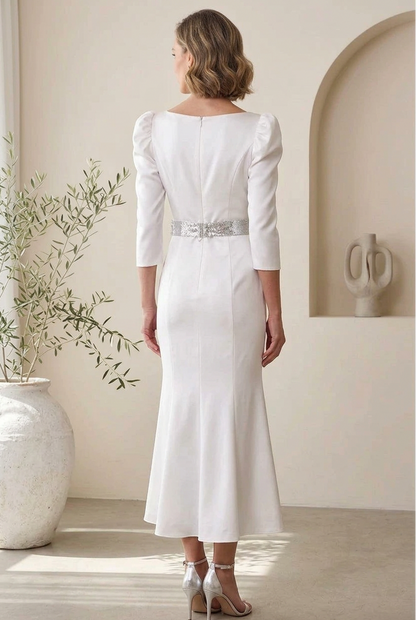 Puff-Sleeve Midi Dress with Embellished Bow Belt