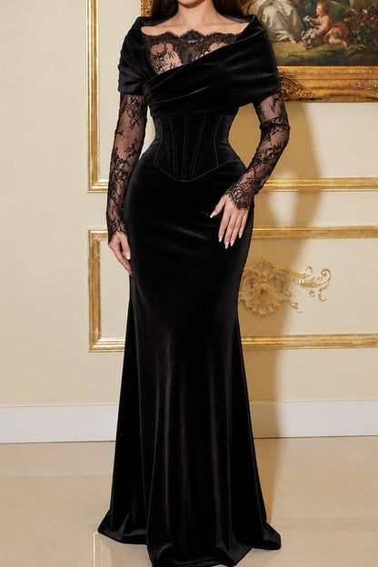 Velvet Corset Evening Gown with Scalloped Lace Inset