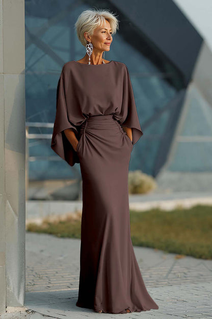 Elegant Ruched Evening Gown with Cape Sleeves