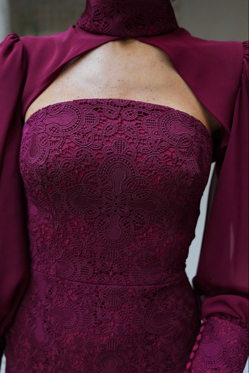 High Neck Cut-Out Midi Dress with Chiffon Sleeves