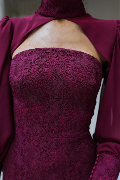 High Neck Cut-Out Midi Dress with Chiffon Sleeves