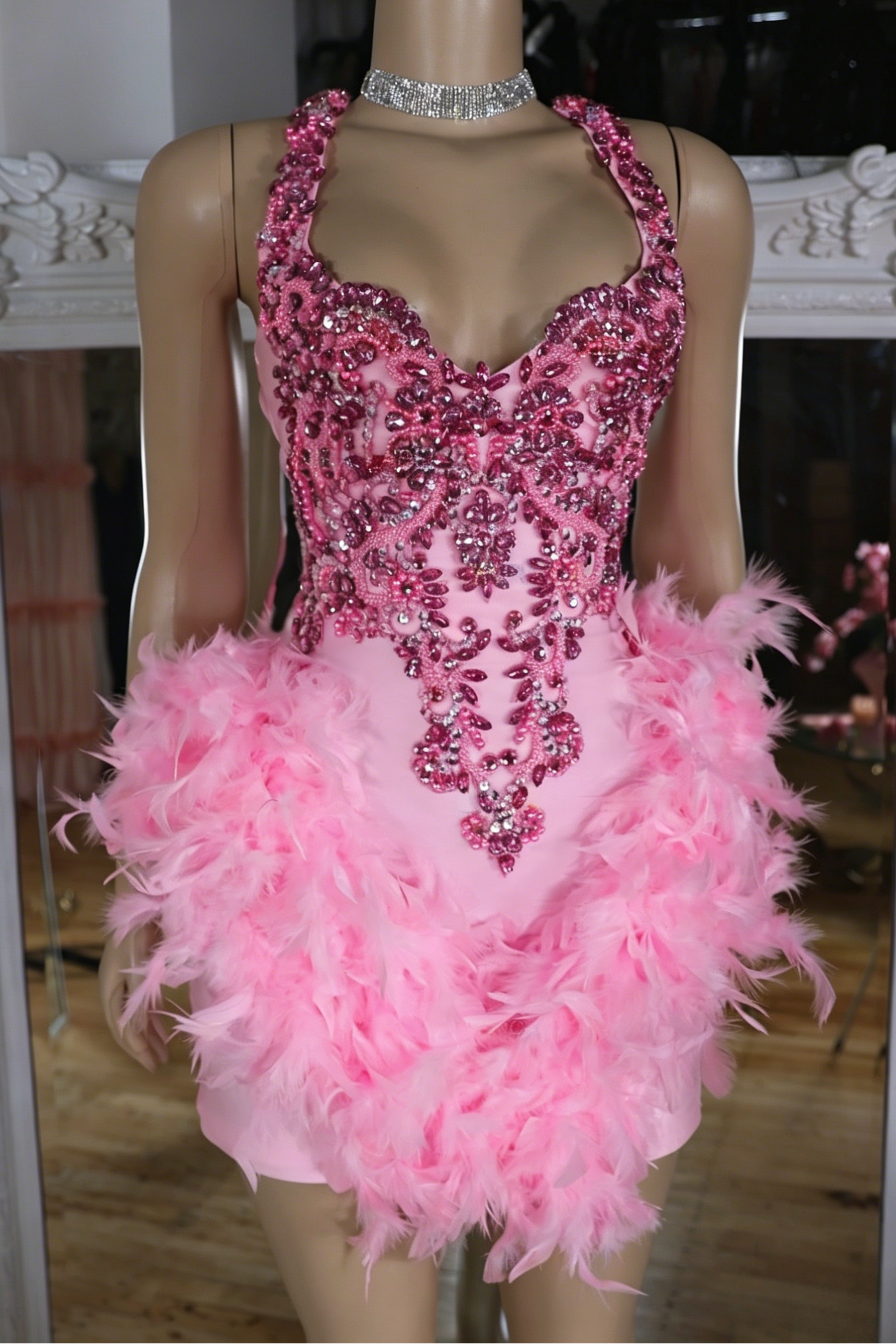 Beaded Halter Mini Dress with Feathers