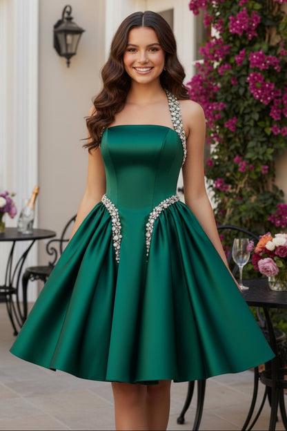Beaded Halter Short A-Line Satin Dress