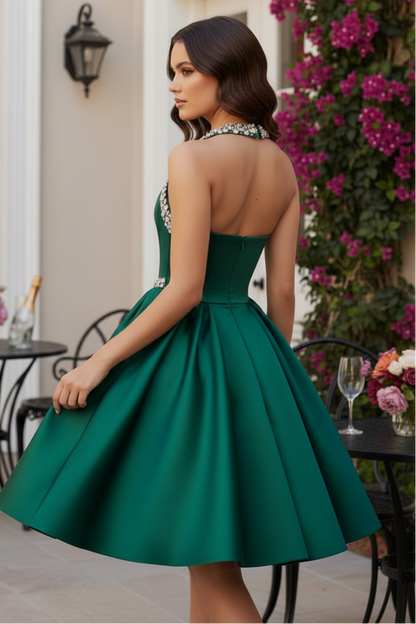 Beaded Halter Short A-Line Satin Dress