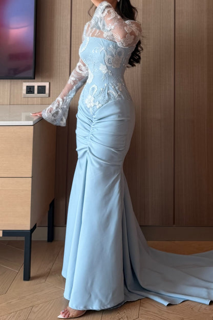 Embroidered Illusion Long Sleeve Gown with Train