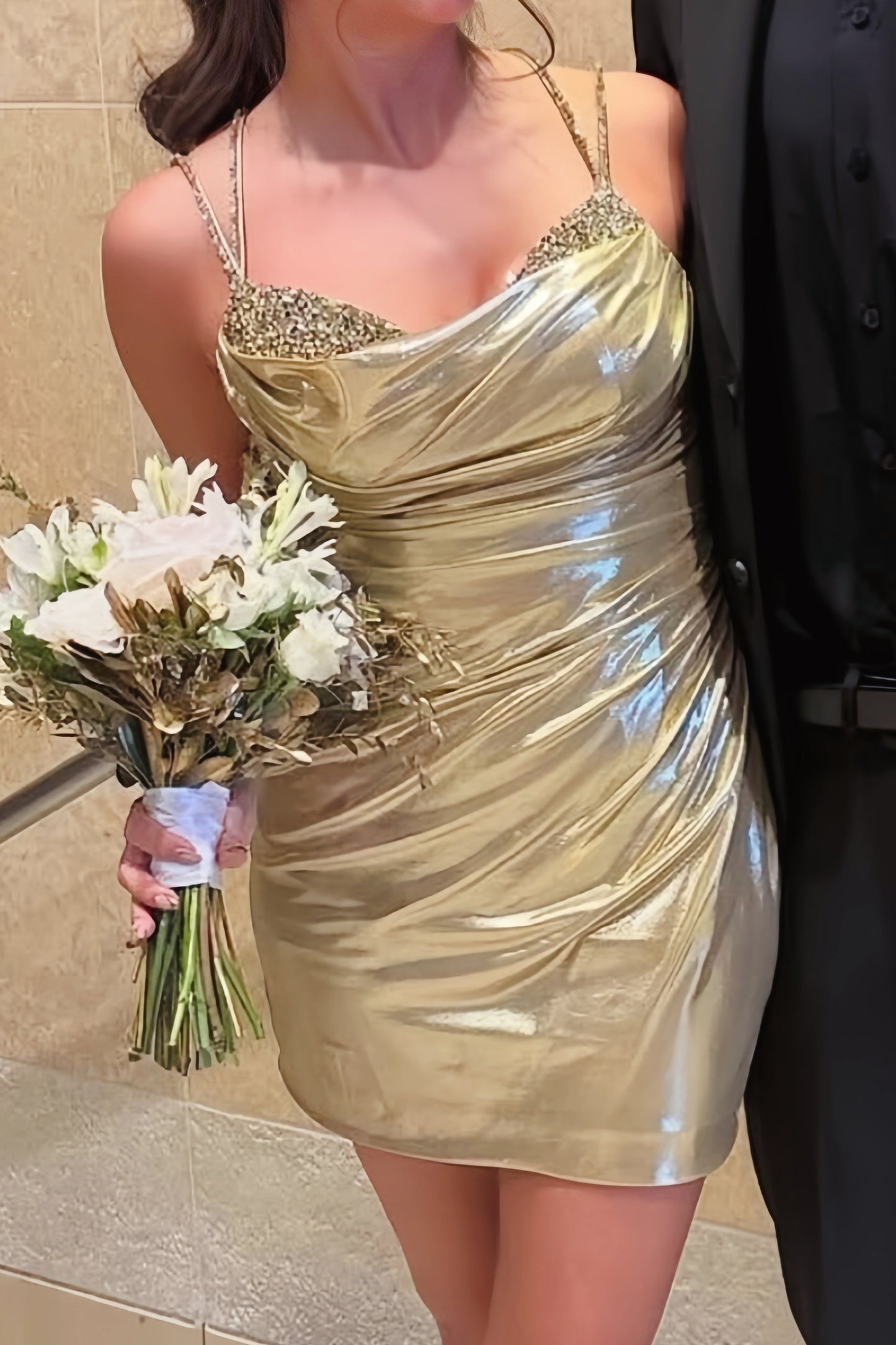 Metallic Cowl Neck Open Back Mini Dress