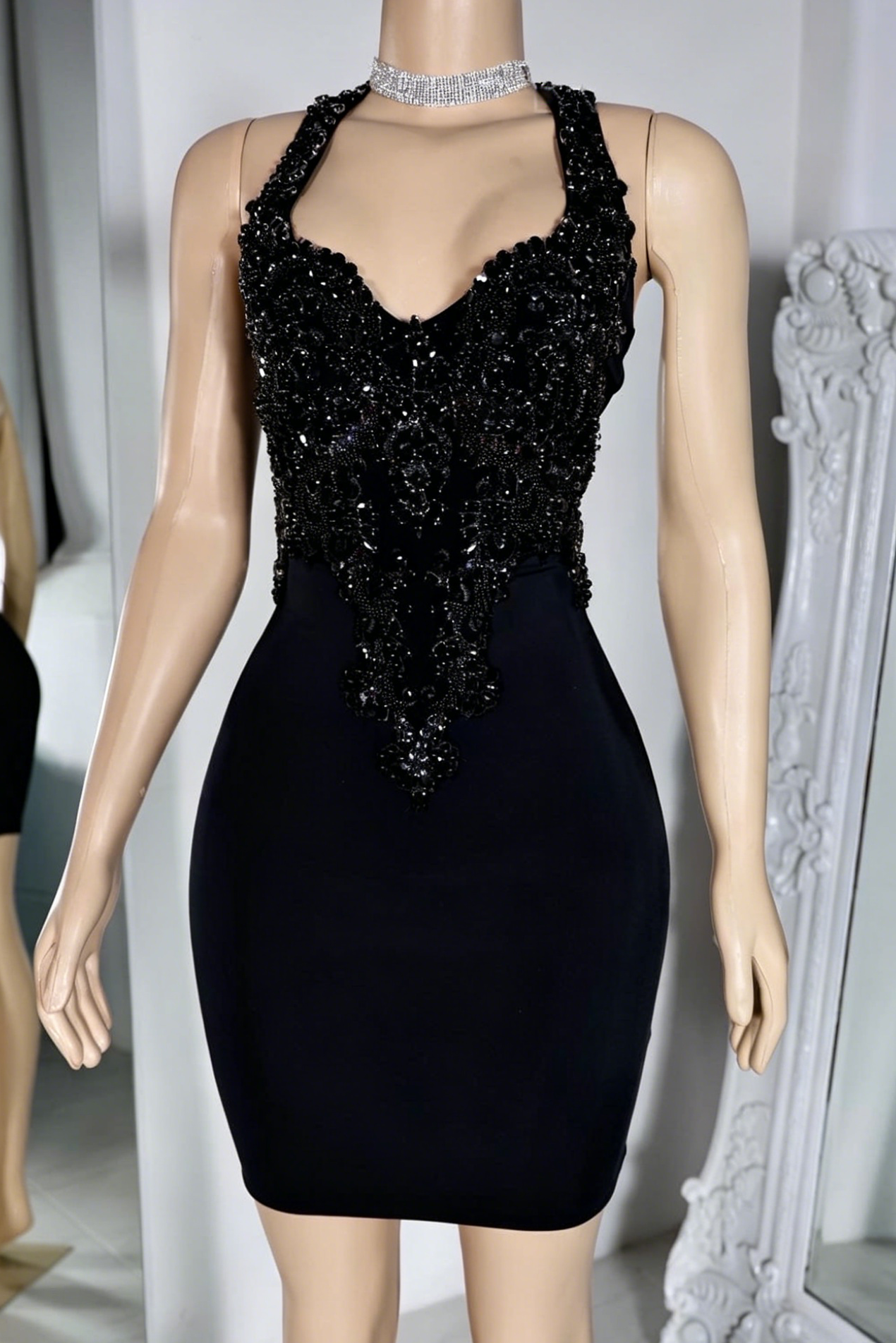 Beaded Halter Neck Lace-Up Back Mini Dress
