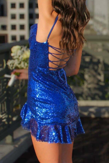 Sequin Ruffle Hem Lace-Up Mini Dress