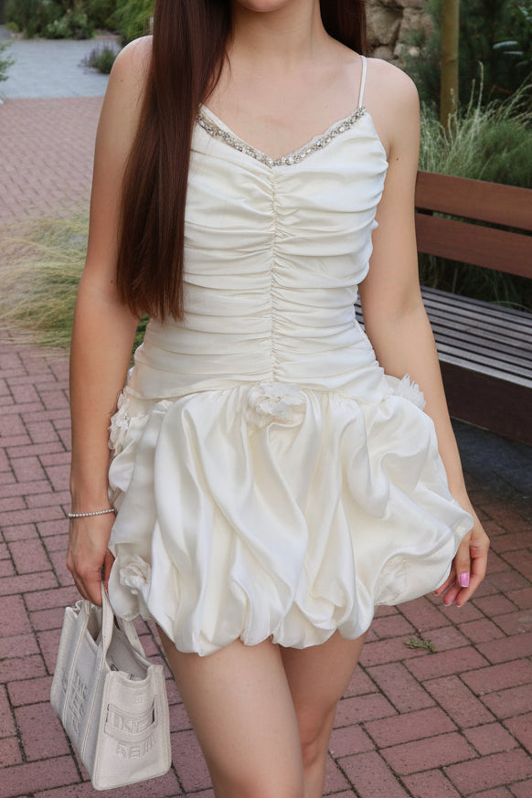 Ruched Bubble Hem Mini Dress with Rhinestone Trim