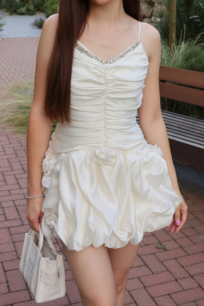 Ruched Bubble Hem Mini Dress with Rhinestone Trim