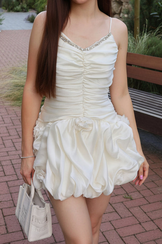 Ruched Bubble Hem Mini Dress with Rhinestone Trim