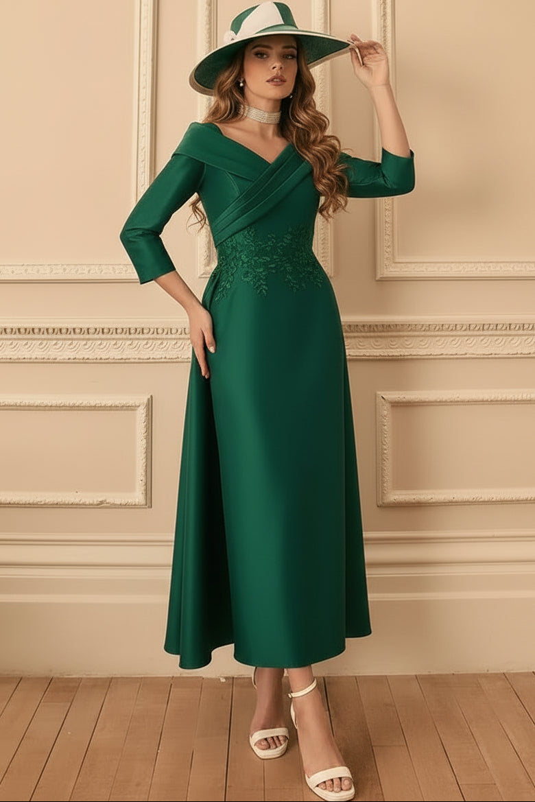 Pleated Bodice 3/4 Sleeve Evening Gown with Drape