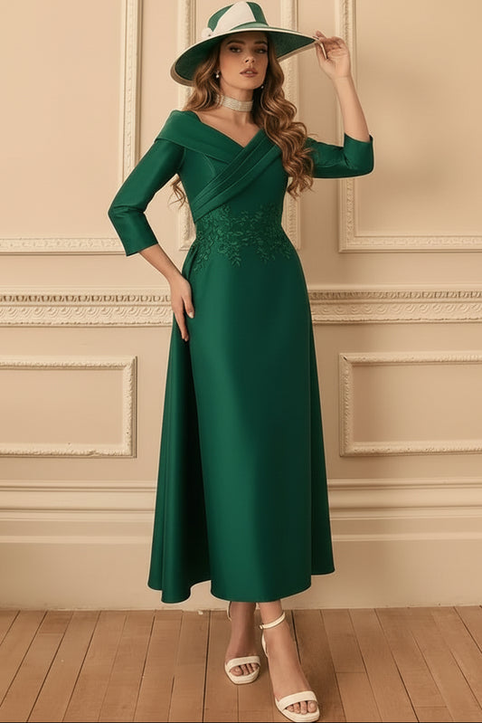 Pleated Bodice 3/4 Sleeve Evening Gown with Drape
