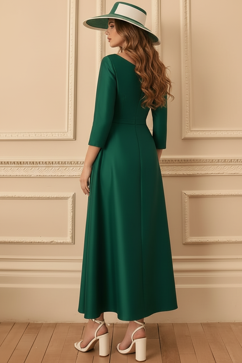 Pleated Bodice 3/4 Sleeve Evening Gown with Drape