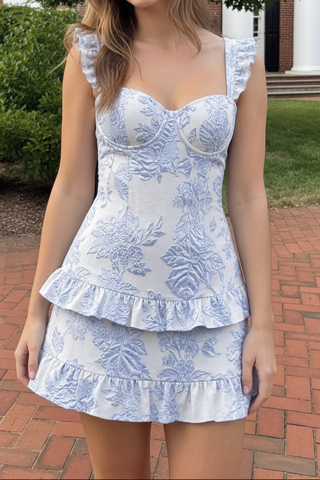Floral Jacquard Lace-Up Tiered Mini Dress