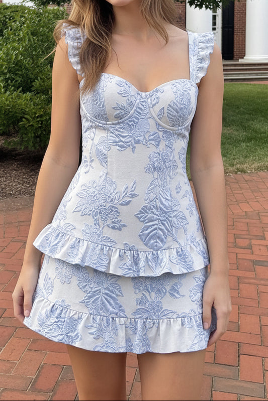 Floral Jacquard Lace-Up Tiered Mini Dress