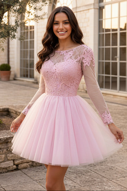 Long Sleeve Illusion Lace Tulle Mini Party Dress