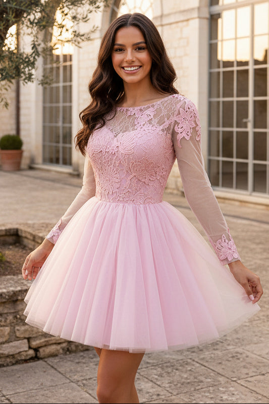Long Sleeve Illusion Lace Tulle Mini Party Dress