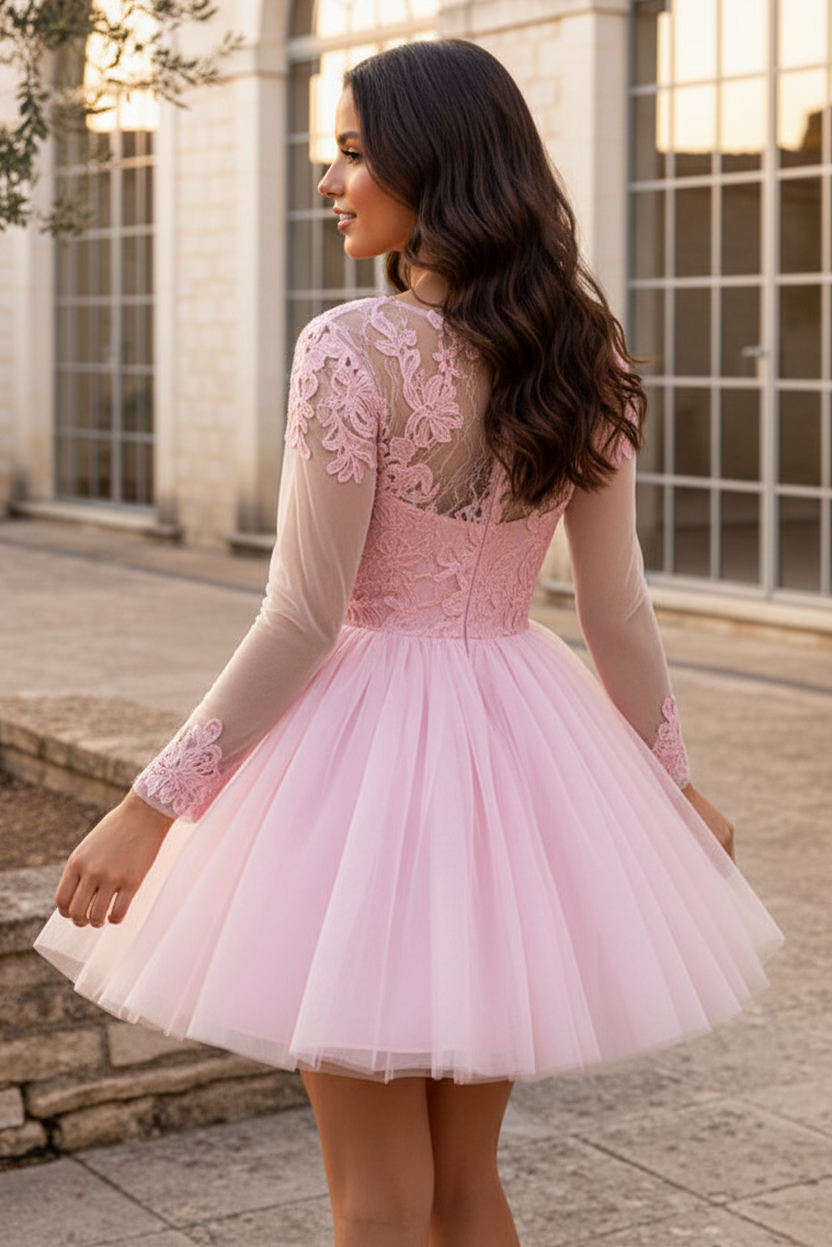 Long Sleeve Illusion Lace Tulle Mini Party Dress