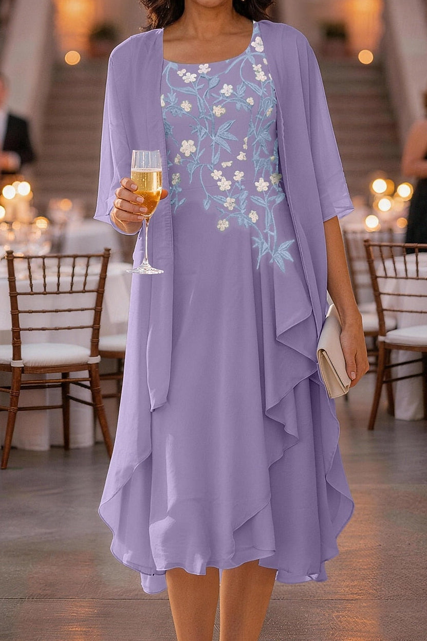 Embroidered Midi Dress with Sheer Jacket