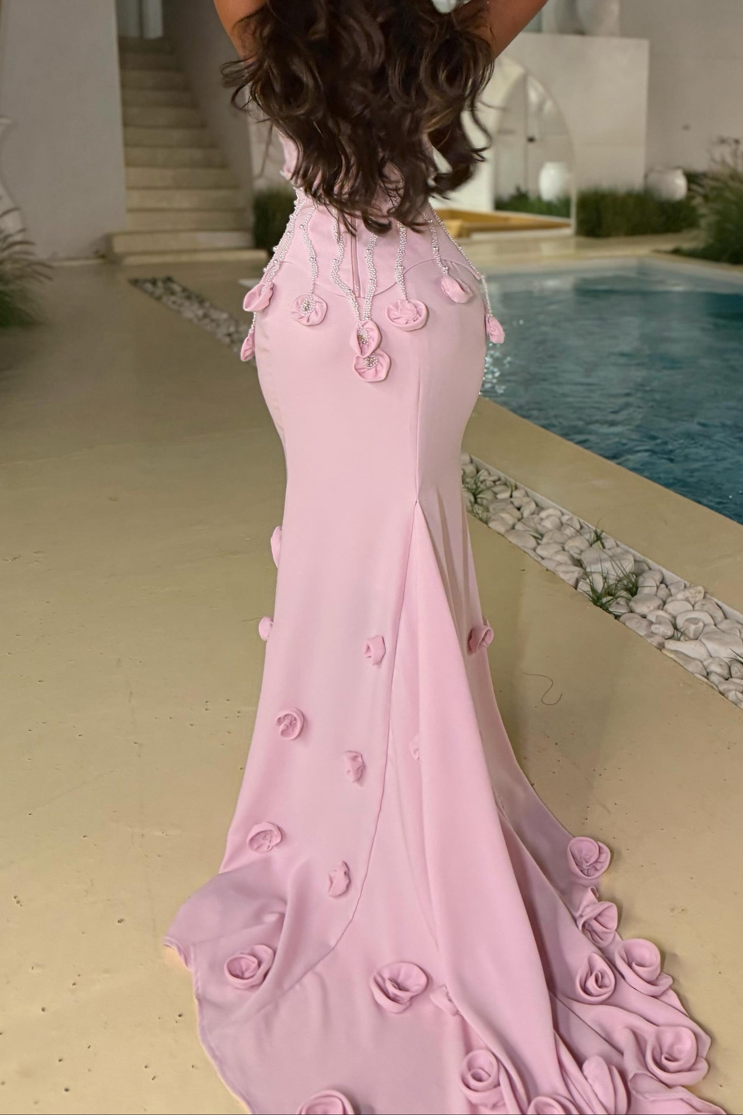Beaded 3D Floral Mermaid Evening Gown with Train