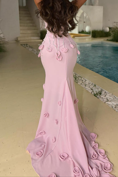 Beaded 3D Floral Mermaid Evening Gown with Train