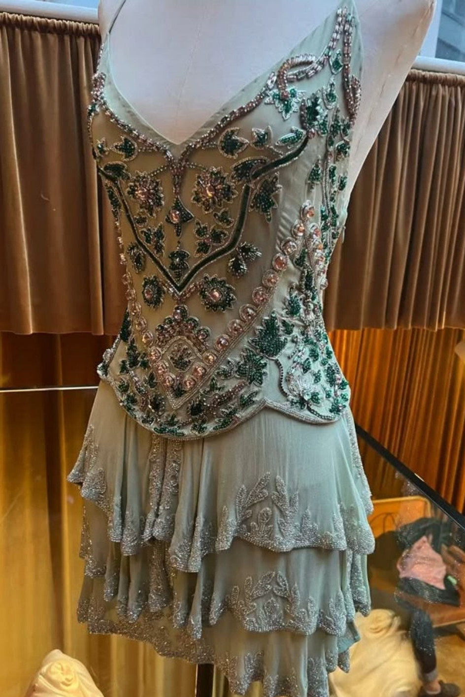 Beaded Tiered Ruffle Mini Dress with Spaghetti Straps
