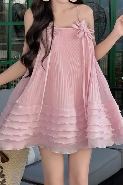 Pleated Tiered Ruffle Mini Dress with Flower Detail
