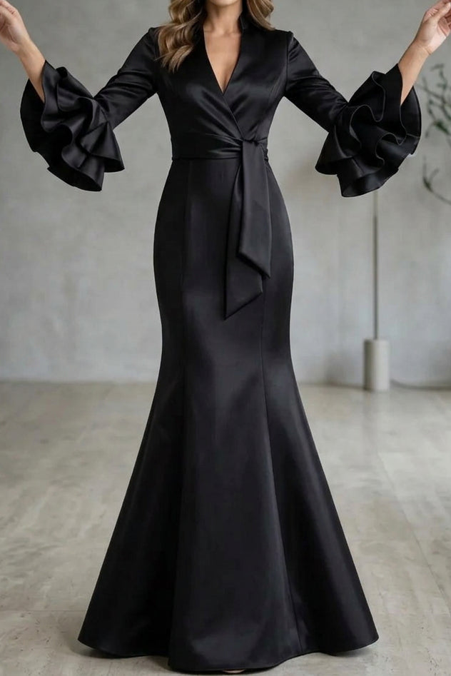 Mermaid Satin Gown with Ruffle Bell Sleeves