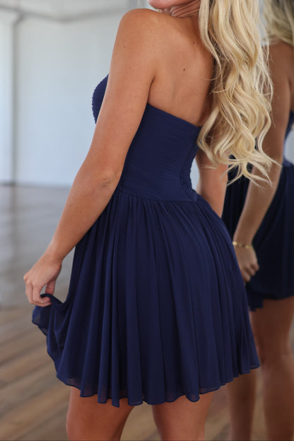 Strapless Ruched Bodice Pleated Mini Dress