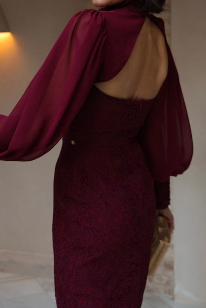 High Neck Cut-Out Midi Dress with Chiffon Sleeves