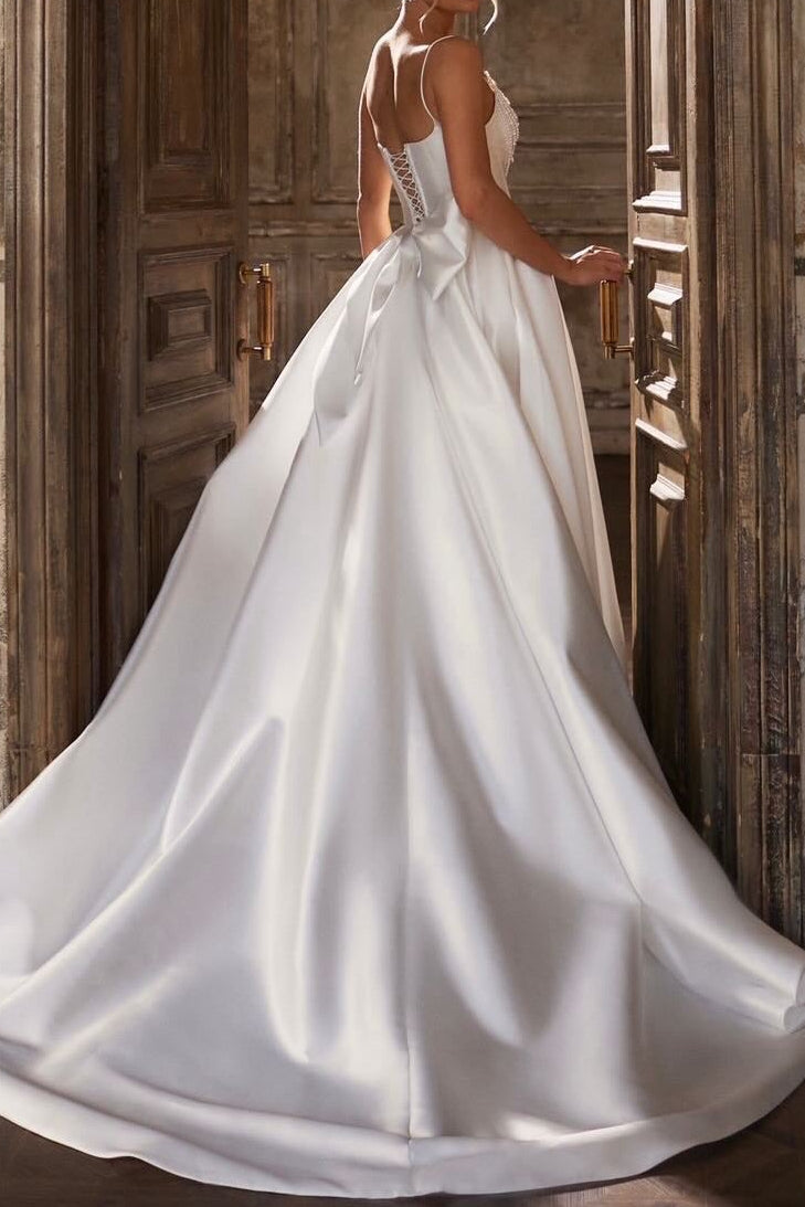 Beaded Draped Bodice Satin Ball Gown Wedding Dress