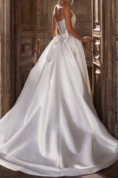 Beaded Draped Bodice Satin Ball Gown Wedding Dress