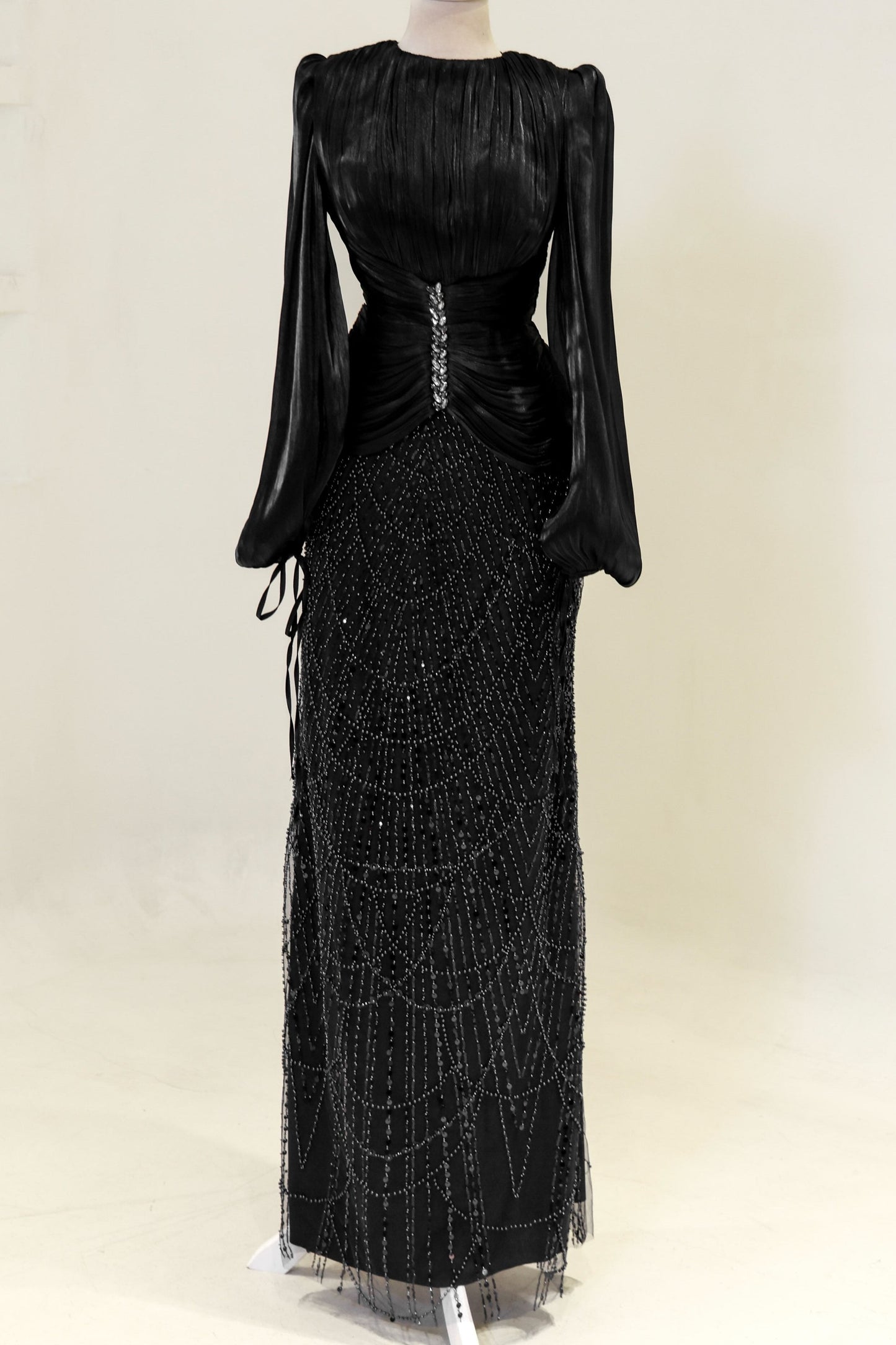 Long Sleeve Sequin Beaded Gown with Pleated Satin Bodice