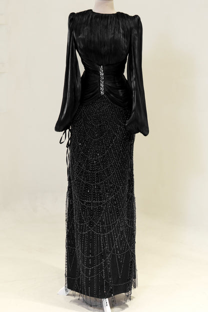 Long Sleeve Sequin Beaded Gown with Pleated Satin Bodice