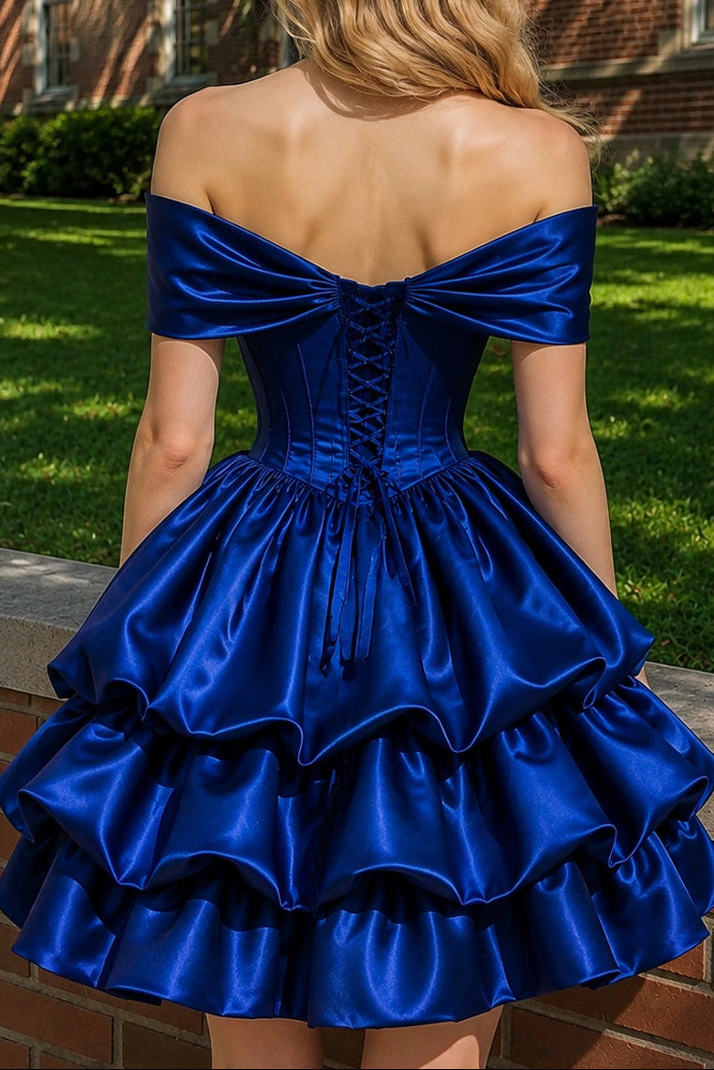 Off-the-Shoulder Bow Corset Tiered Mini Dress
