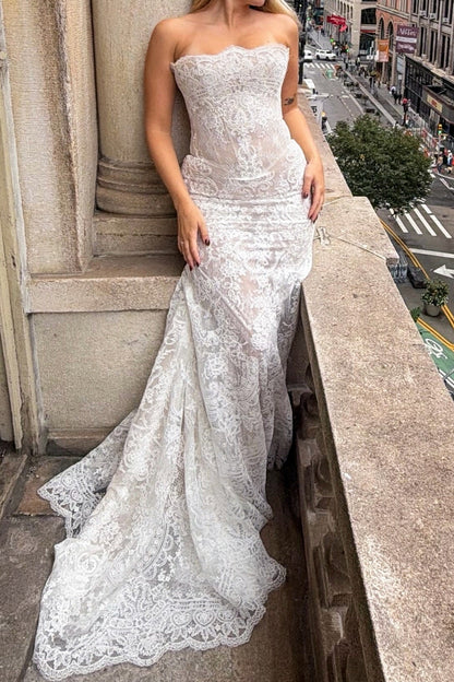 Strapless Lace Mermaid Wedding Dress with Train