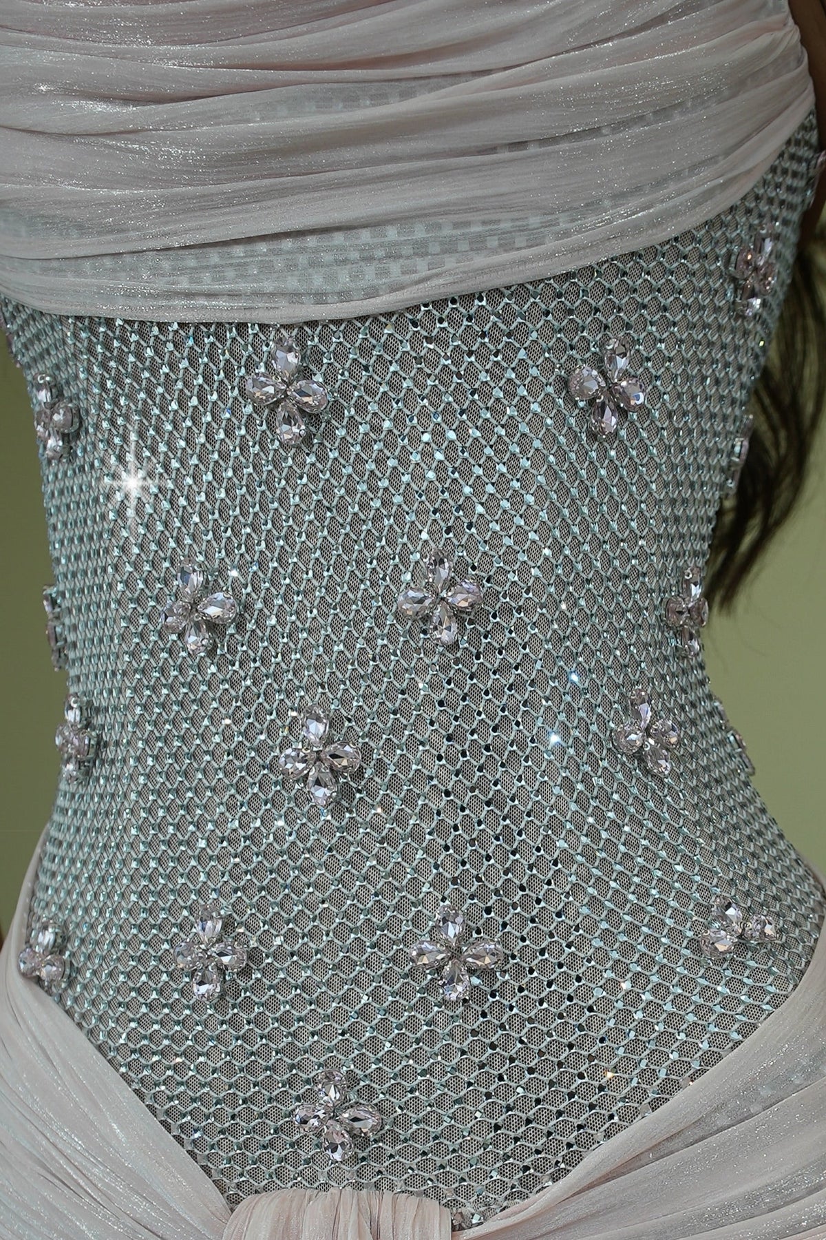 Strapless Embellished Gown with Draped Sash