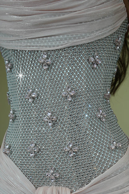 Strapless Embellished Gown with Draped Sash