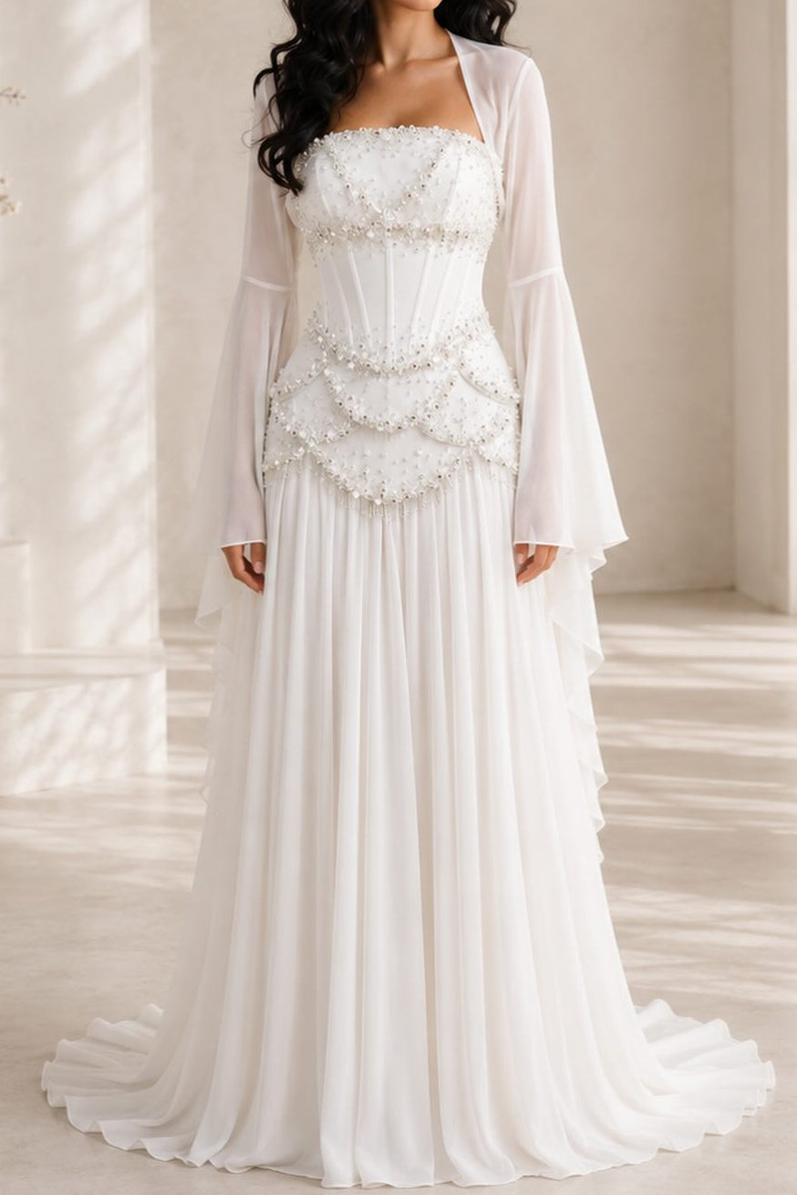 Beaded Corset Pleated Chiffon Gown with Bell Sleeves