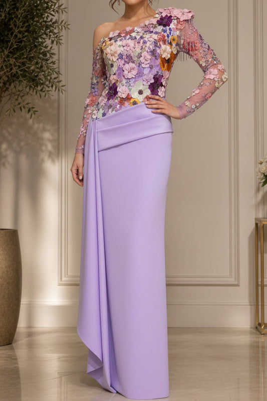 One Shoulder Floral Applique Column Gown