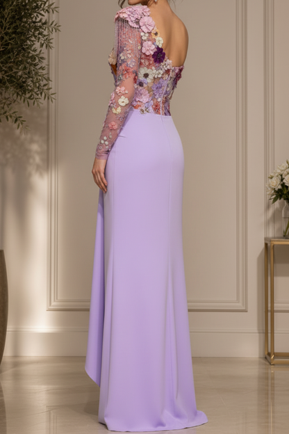 One Shoulder Floral Applique Column Gown