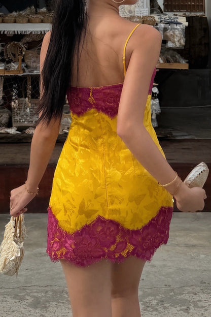 Two-Tone Lace Trim Slip Mini Dress with V Neck