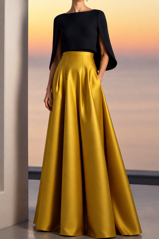 Cape Sleeve Pleated A-Line Evening Gown with Pockets