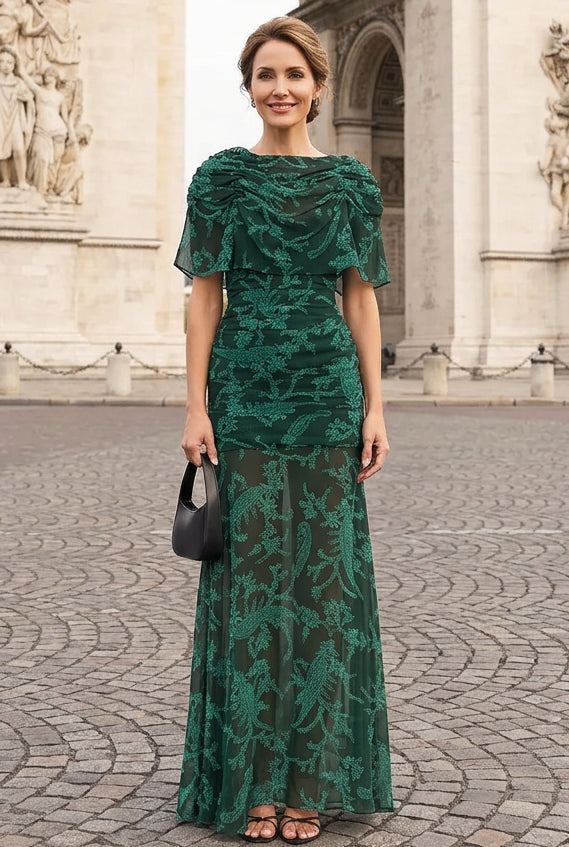 Ruched Maxi Dress with Sheer Printed Overlay