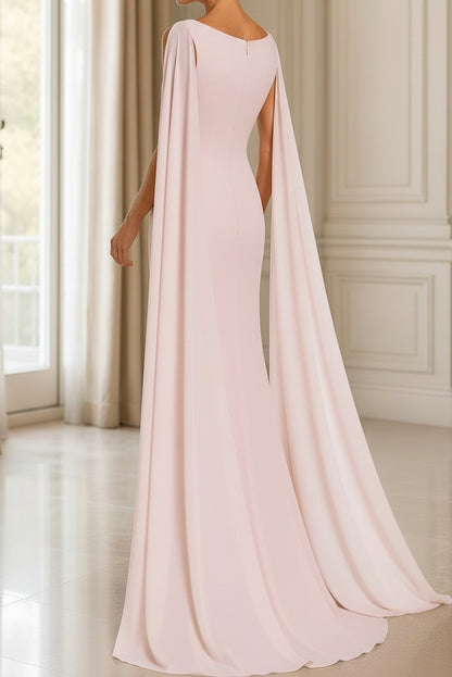 Pearl Beaded Cape Sleeve Column Evening Gown