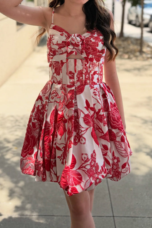 Floral Jacquard Cutout Bubble Mini Dress