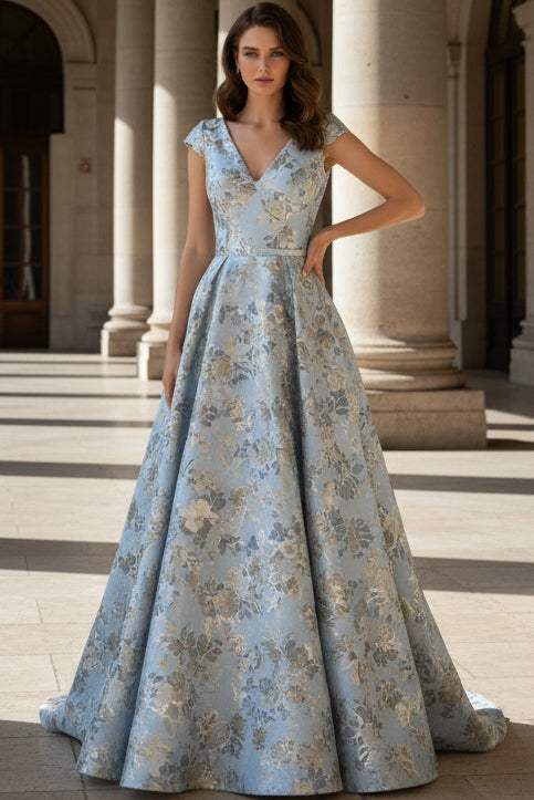 Jacquard A-Line Evening Gown with Cap Sleeves