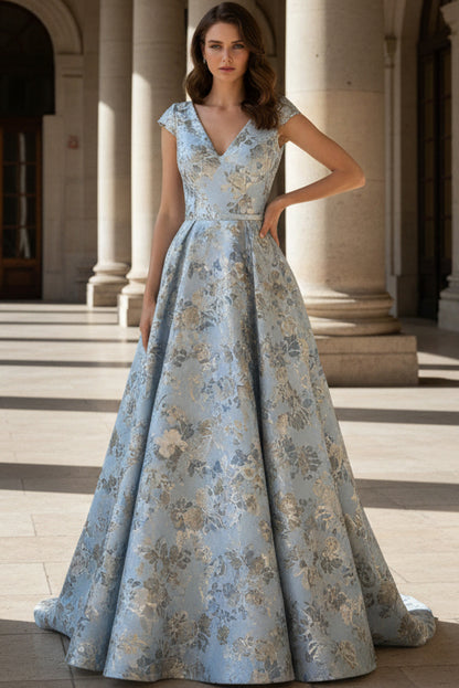 Jacquard A-Line Evening Gown with Cap Sleeves